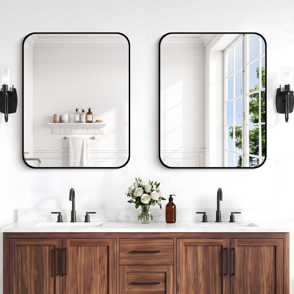 24x30 inch Bathroom Mirror 2-Pack,Black Rectangle Mirror,Wall Mounted Bathroom Frame Vanity Mirror with Round Corner