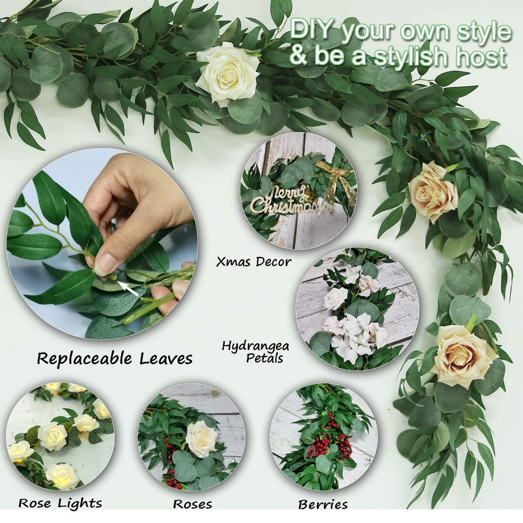 4 Pack Artificial Eucalyptus Garland with Willow Leaves Each 6.5 Feet Fake Greenery Garland Vine for Table Runner