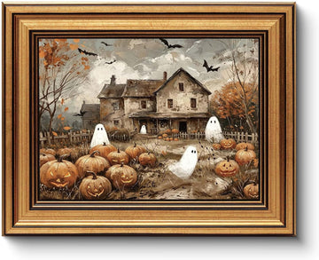 Vintage Framed Cute Ghost Pumpkin Patch Wall Art, Ghost Halloween Print