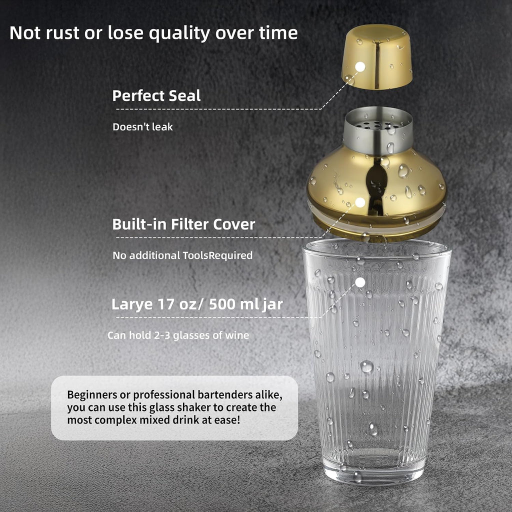 Cocktail Shaker Set 17oz, Gold Glass Martini Shaker with Strainer & Lid, Durable Bar Tools Bartenders, Gift Box