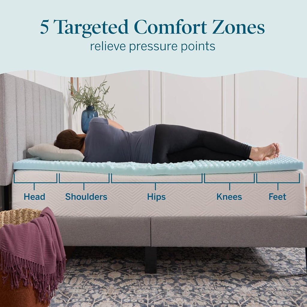 2 Inch Gel Memory Foam Mattress Topper, Queen size - 5 Zones - Cooling Gel Infusion - CertiPur Certified Foam