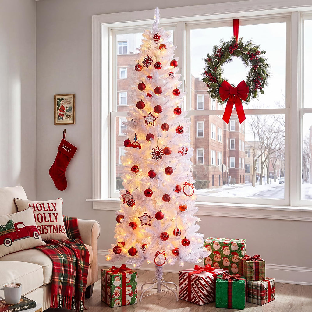 7.5ft White Christmas Tree, Fraser Fir Pencil Artificial Slim Trees Holiday Decor Prelit 350 Warm Lights 904 PVC