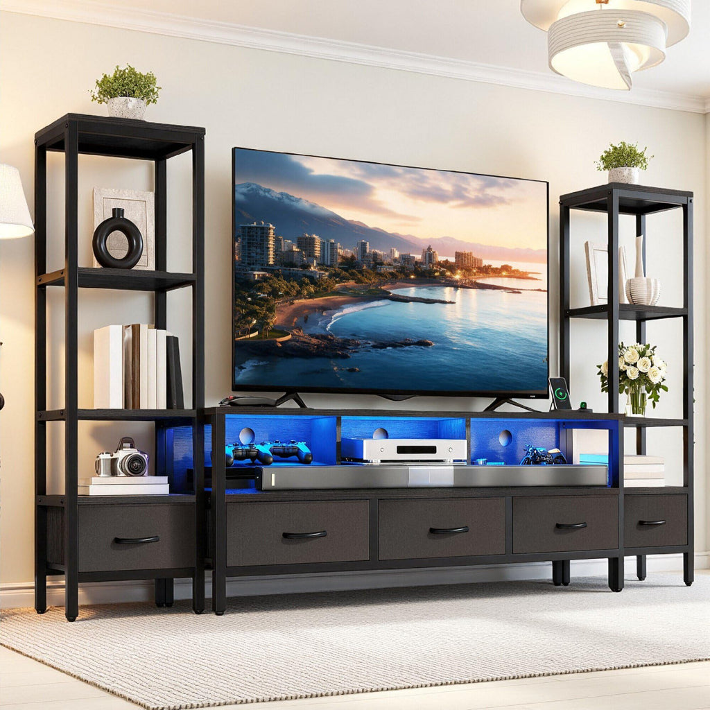 Industrial LED TV Stand for 65 Inch TVs, Bookshelves, Black