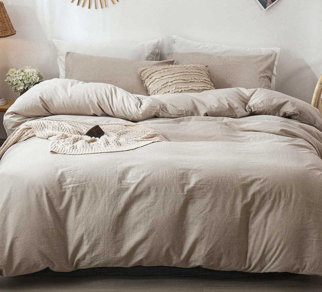 Bedding Duvet Cover Set 100% Washed Cotton Linen Like Textured Breathable Durable Soft Comfy (Heathered Tannish Linen