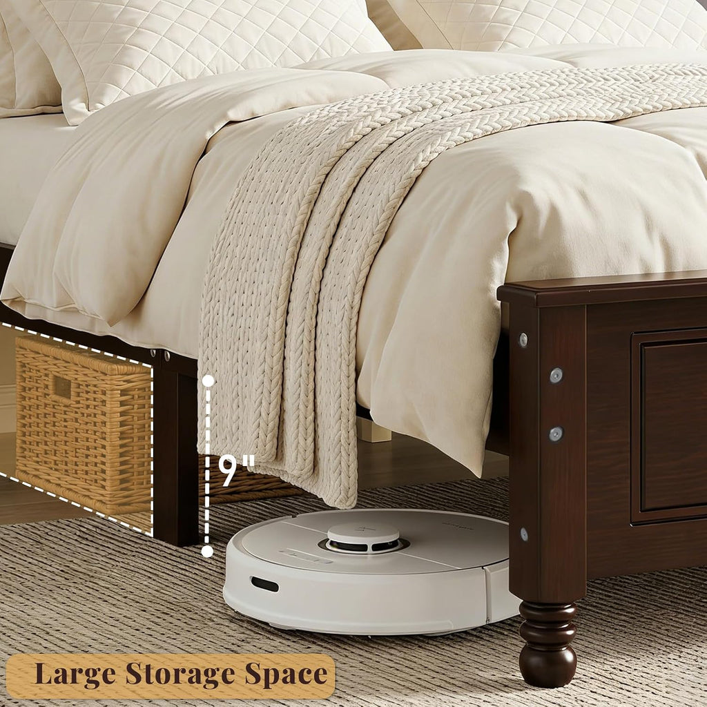 Dark Walnut Wood Bed Frame Queen Size with Wave Shaped Headboard