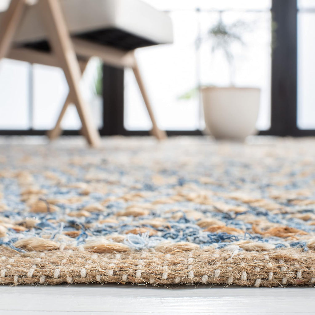 Area Rug - Cape Cod Collection - Large - Natural & Blue, Handmade Flat Weave Braided Jute, Ideal, Dining Space