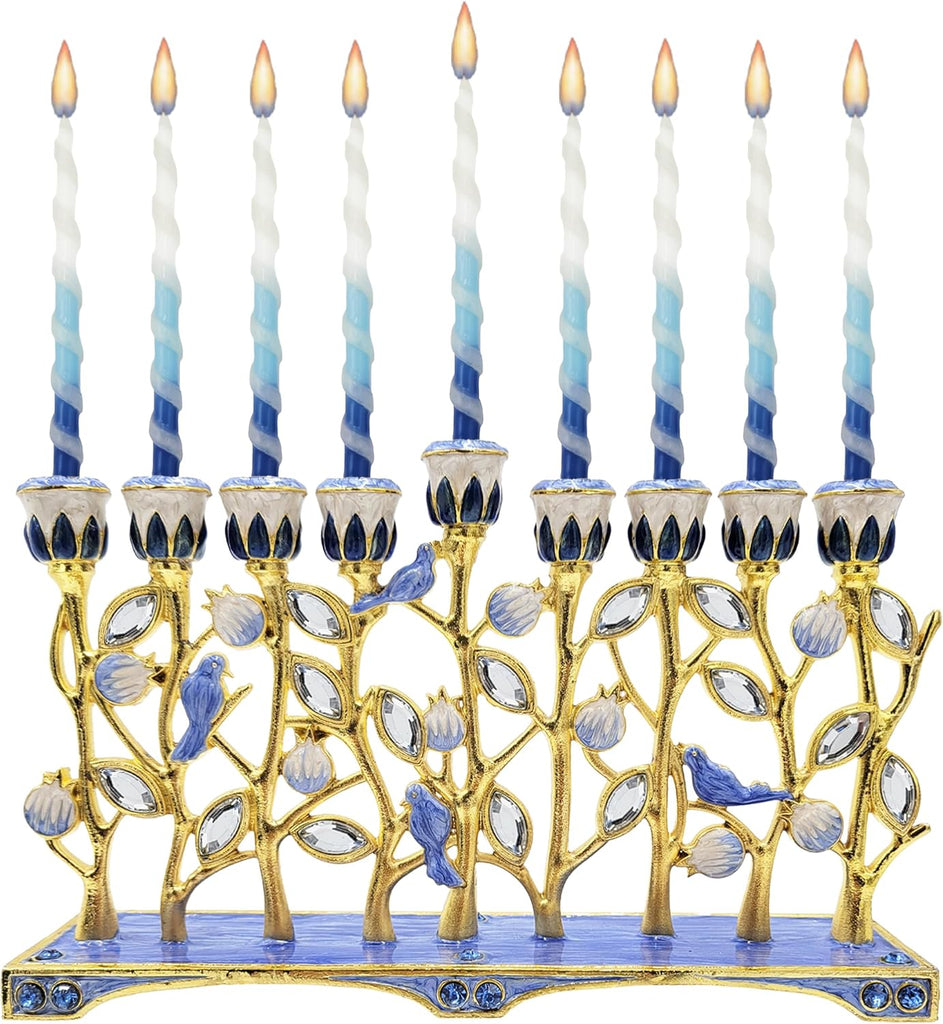 Hanukkah Enamel Pomegranate & Blue Bird Design, Hand-Painted Enameled Metal This Ornate 9 Branch Measures 12" High X