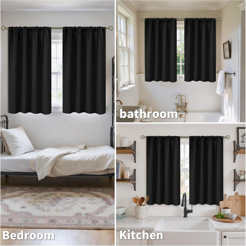 Black Blackout Curtains 40 Inches Long for Kitchen Windows - Short Thermal Insulated Drapes with Rod Pocket Privacy