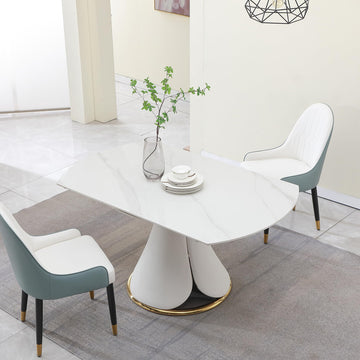 Modern Extendable Dining Table, 59" Round Marble Dining Table, Convertible Rectangular Kitchen Table, White Sintered