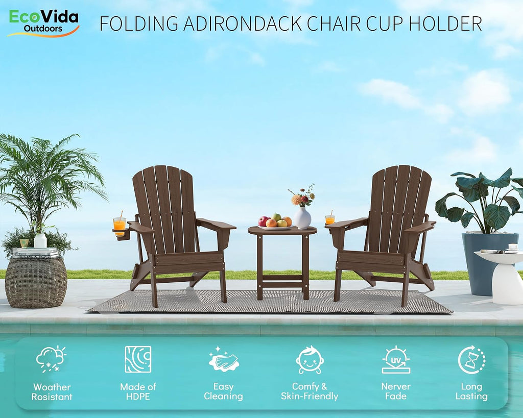 HDPE Folding Adirondack Chair with Cup Holder, Coffee | All-Weather Upgraded, Premium Wood Grain Texture,380lbs