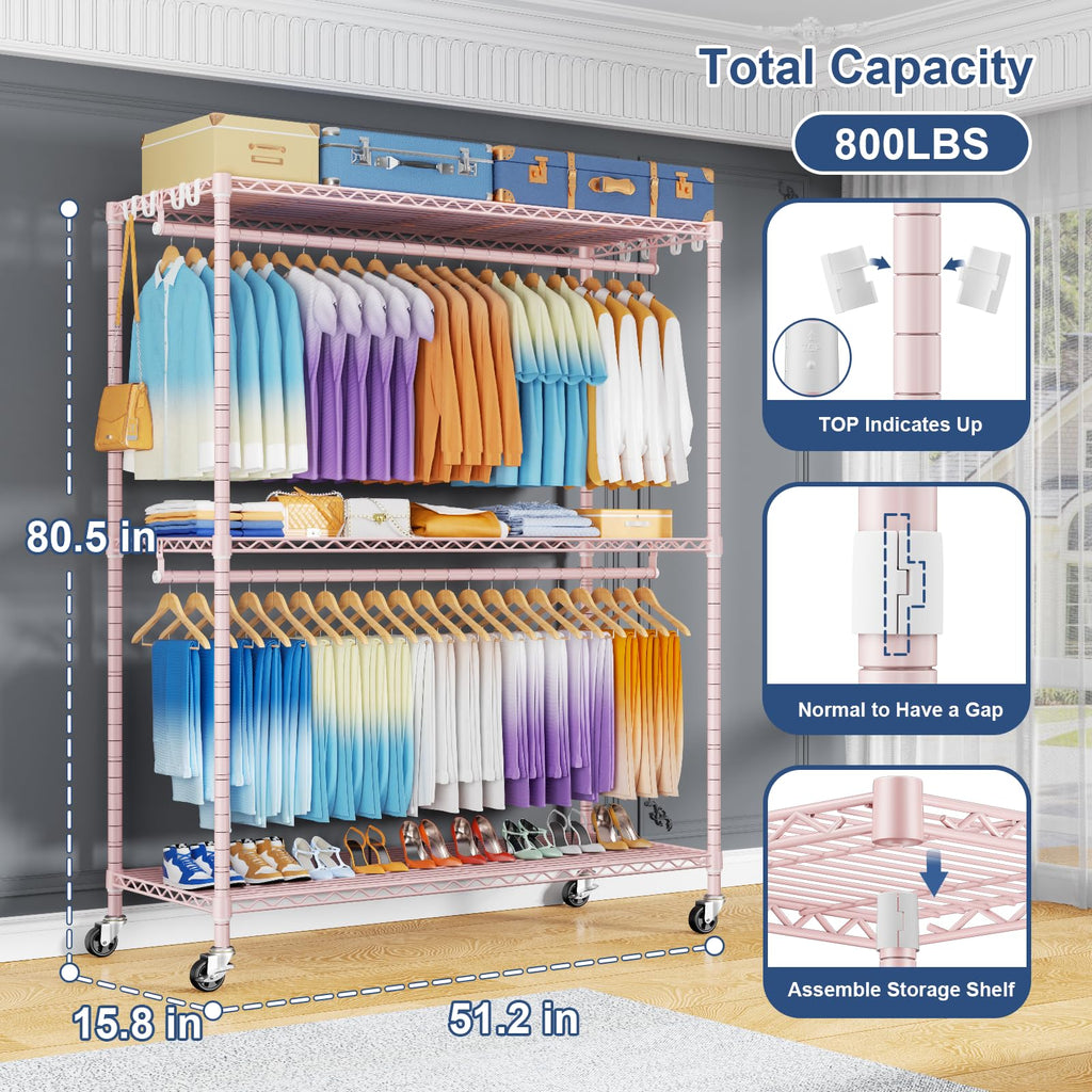 P8 Max Heavy Duty Clothes Rack(With Extended Width Design) Rolling Clothing Racks for Hanging Clothes,Portable