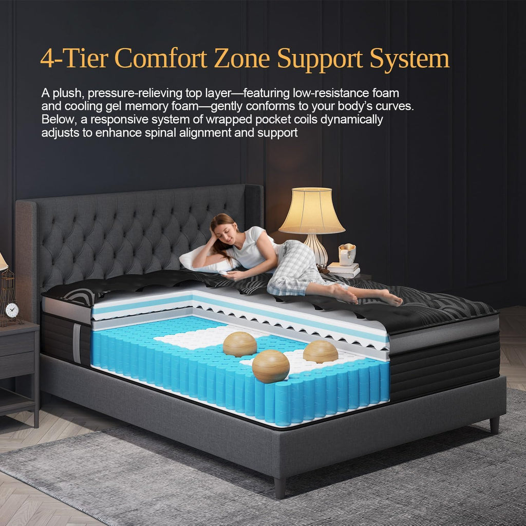 Queen Mattress, 14 Inch Hybrid Mattresses, Medium-Firm Feel with Pocket Springs & Cooling Gel Memory Foam