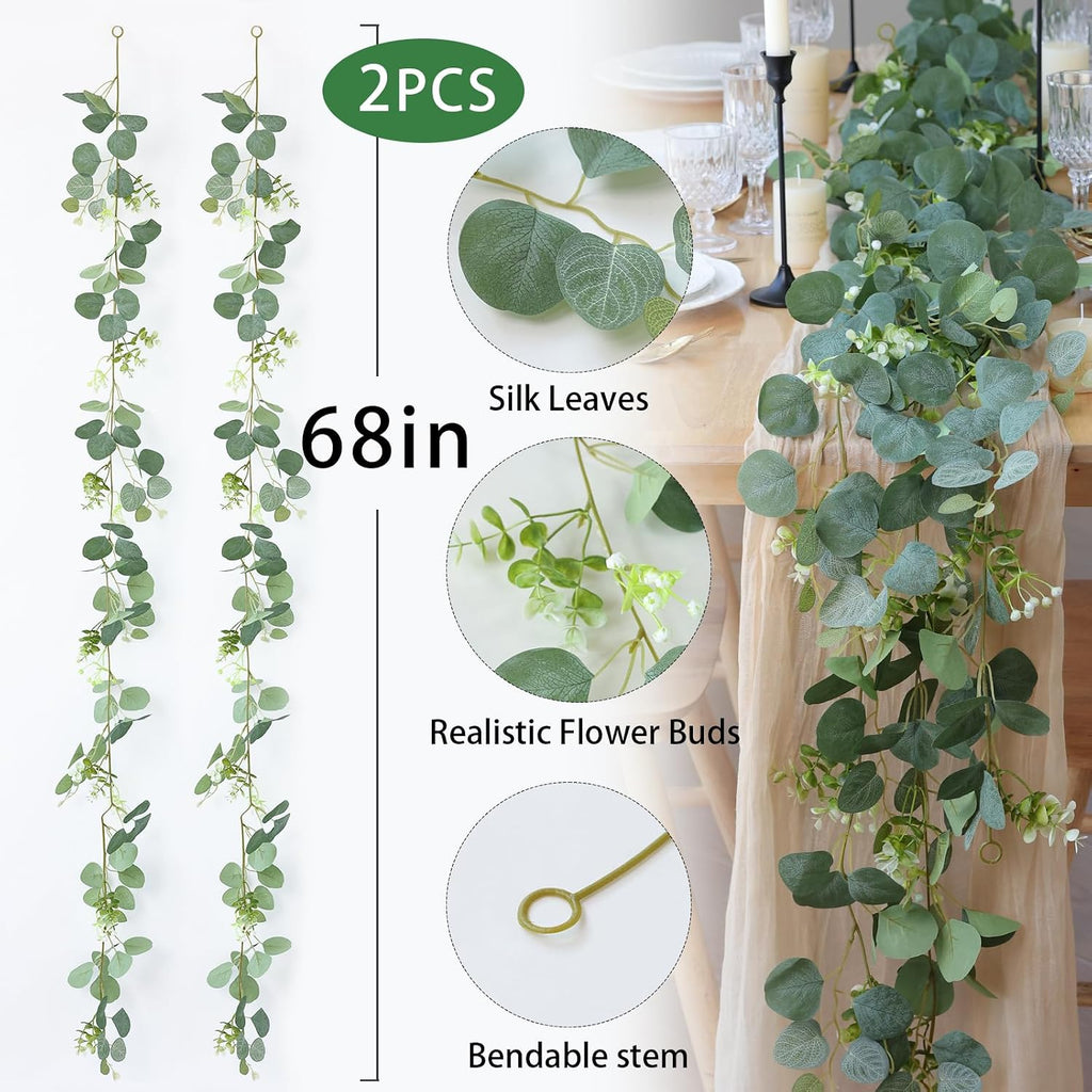 Strands Artificial Vines Eucalyptus Garland 68" Fake Vine with Silk Leaves Green Garland Faux Hanging Plants - Set of 12