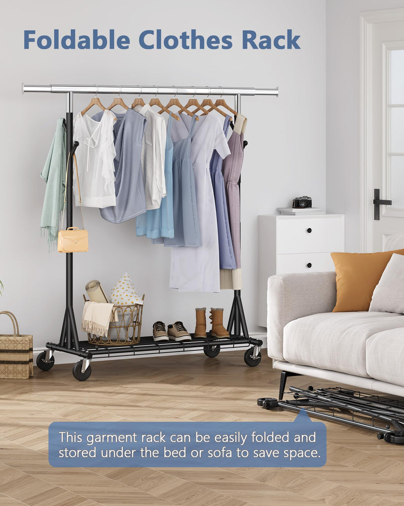 1-Minute Assembly Clothes Rack, 480 lbs Heavy Duty Rolling Clothing Racks with Wheels, Foldable Garment Rack