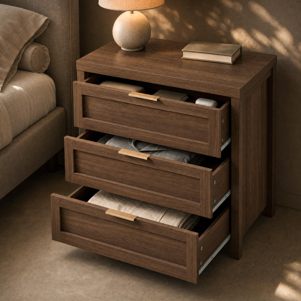 Nightstands Set of 2, 3 Drawer Bedside Table, Special Walnut