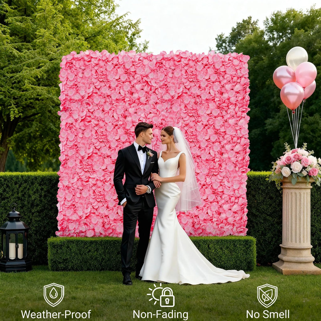 4 Pack 24"x16" Flower Wall Panel Set, Artificial Flower Backdrop, 3D Silk Pink Hydrangea Floral, Wall Decorative Faux