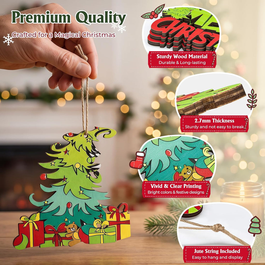 Christmas Ornaments for Tree, Hanging Wooden Christmas Decorations - Set of 36