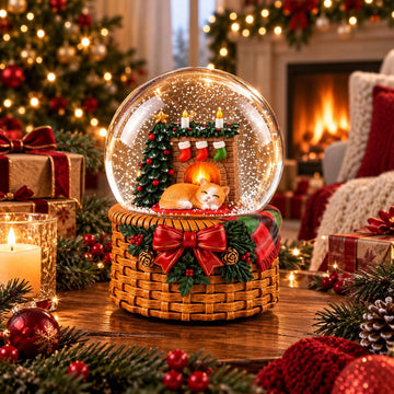 Christmas Cat Snow Globe Music Box with Lighted Fireplace, Silent Night Musical Snow Globe with Hand-Shake Snow