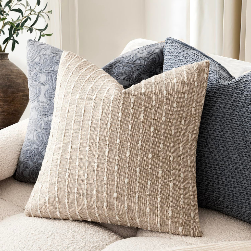 Decorative Striped Boucle Throw Pillow Cover 20x20 Natural Beige
