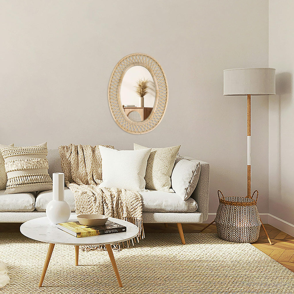 Oval Rattan Wall Mirror - 24x32 Inch Boho Elegance with Woven Frame, Decorative Mirror Vanity Entryway Living Room