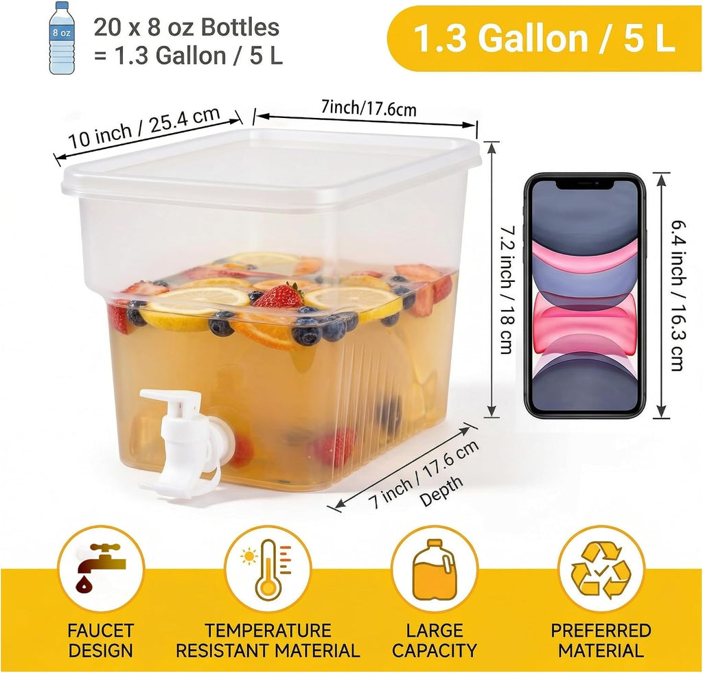1.3 Gallon Drink Dispenser with Spigot for Fridge, Leakproof Plastic Water Container Fridge Beverage Dispenser - Set of 4