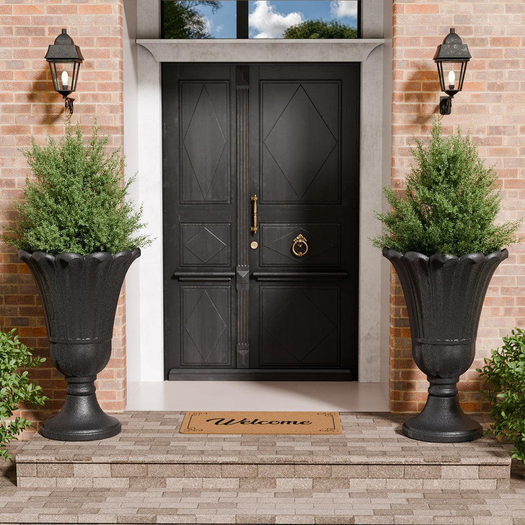 Tall Plastic Urn Planters and Pedestal - 24" Outdoor Planter Black