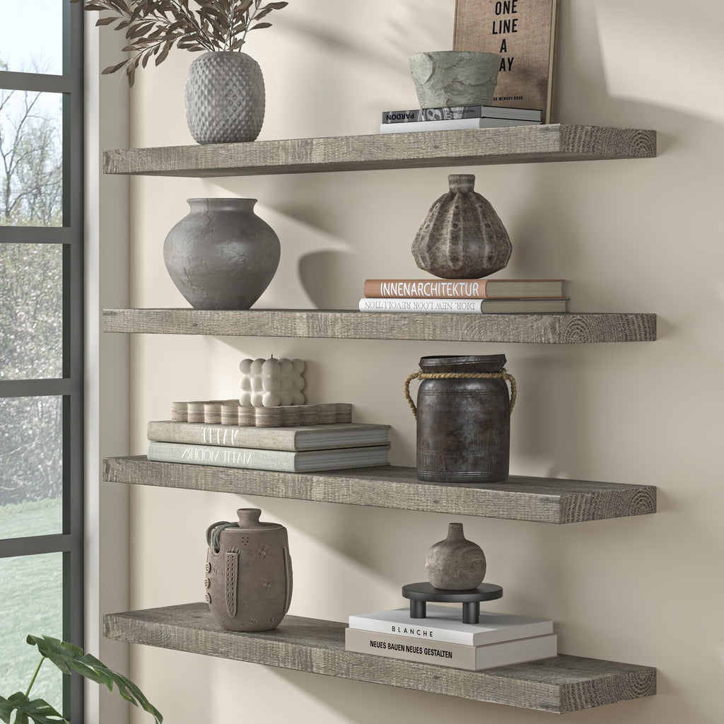 55 Inch Reclaimed Wood Floating Shelves for Wall, 8 Inch Deep Extra Long Rustic Farmhouse Shelf with Invisible