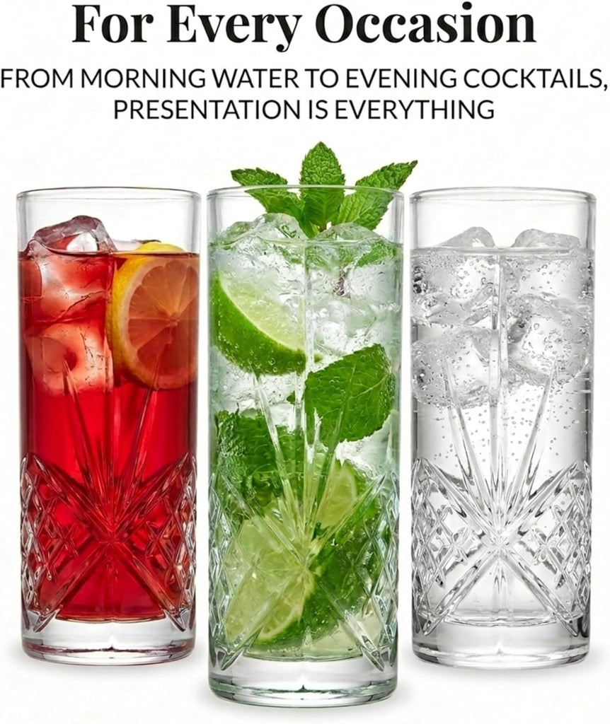 Tall Beverage Glasses Collins All Purpose Drinking Glasses- Dublin Collection, SET OF 4