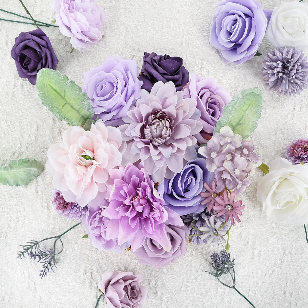 Artificial Combo Box Purple Fake Silk Flower Dahlia Roses for Wedding Bridal Bouquets, Baby Shower, Birthday, Floral
