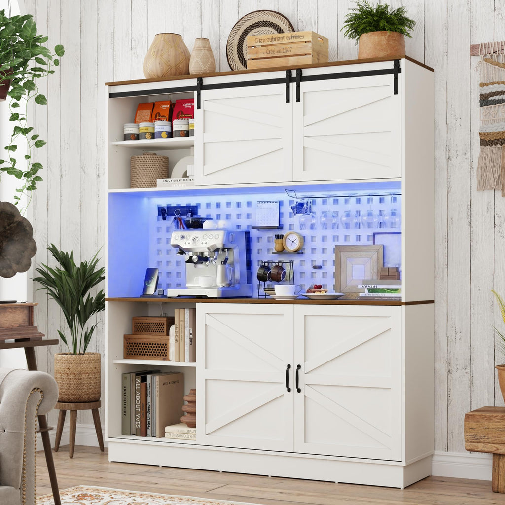 75"Tall 63"W Extra Large Farmhouse Kitchen Storage Pantry Hutch Cabinet w/Power Outlet, Pegboard, Coffee Bar