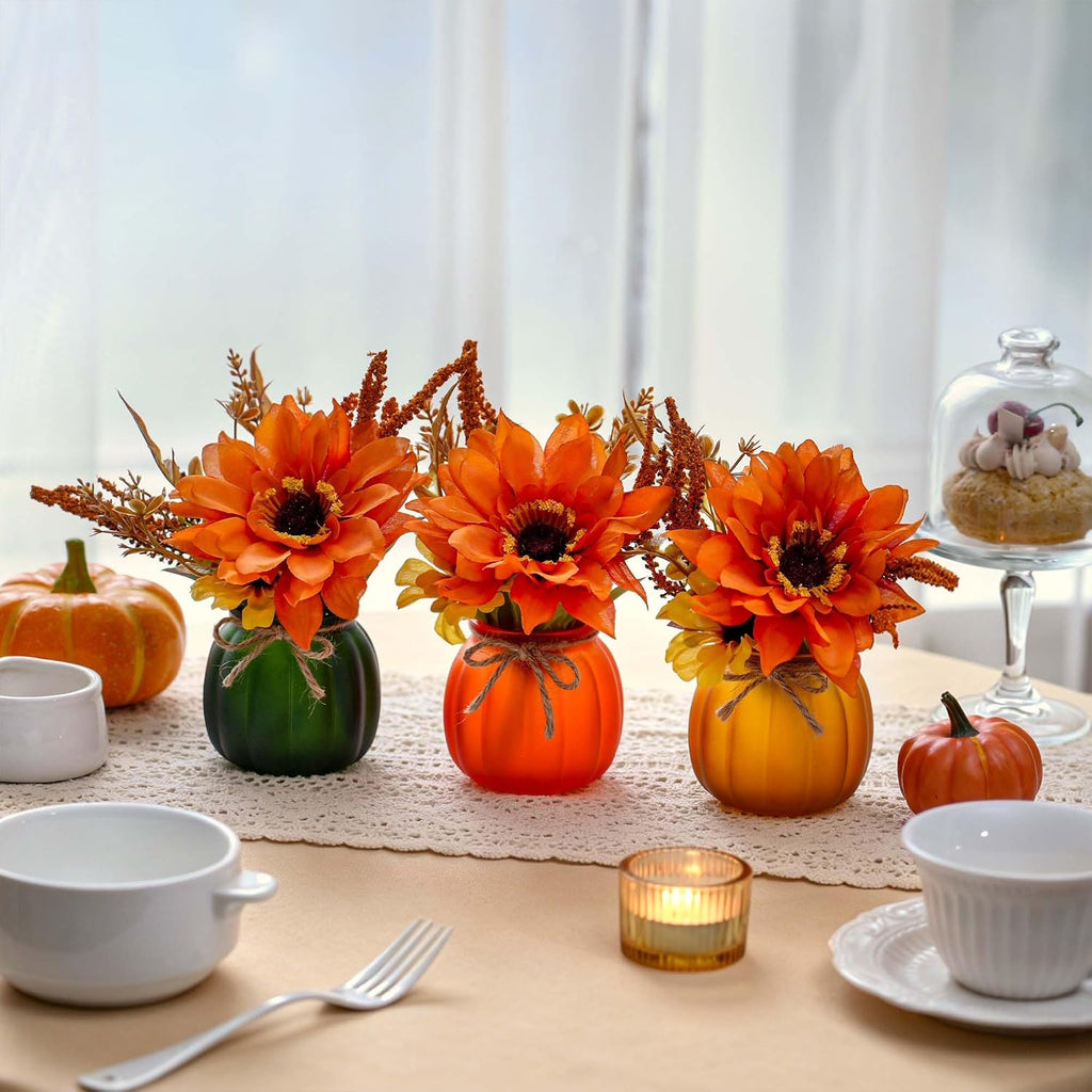 Fall Tiered Tray Decor - Pumpkin Cups with Artificial Sunflowers - Set of 3