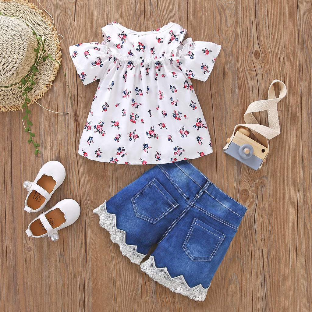 Toddler Baby Girls Clothes Outfit Summer Ruffled Off Shoulder Short Sleeve Floral Shirts Tops Denim Shorts Set