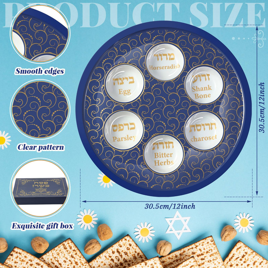 Passover Ceramic Elegant Seder Plate 12 Inch Passover Plate Round Renaissance Design with Gift Box for Adults Divided