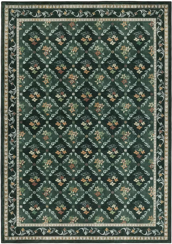 Green Floral Rugs 8x10 Area Rugs, Non Slip Stain Resistance Washable Vintage Large Area Rug, Low Pile Checkered