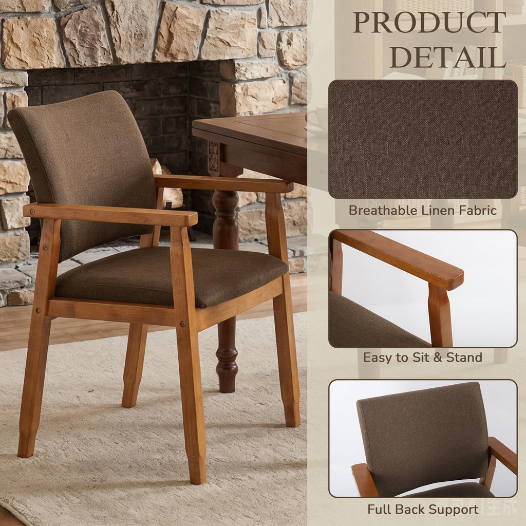Linen Fabric Dining Chair with Arms, Solid Wood Frame, 320 lbs Load Capacity, Mid-Century Modern Upholstered Side