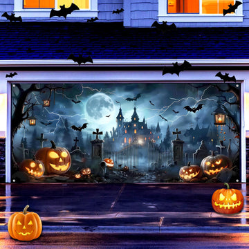 7x16ft Halloween Garage Door Cover Banner Large Hanging Backdrop Door Cover Gloomy Garage Wall Decoration Backdrop
