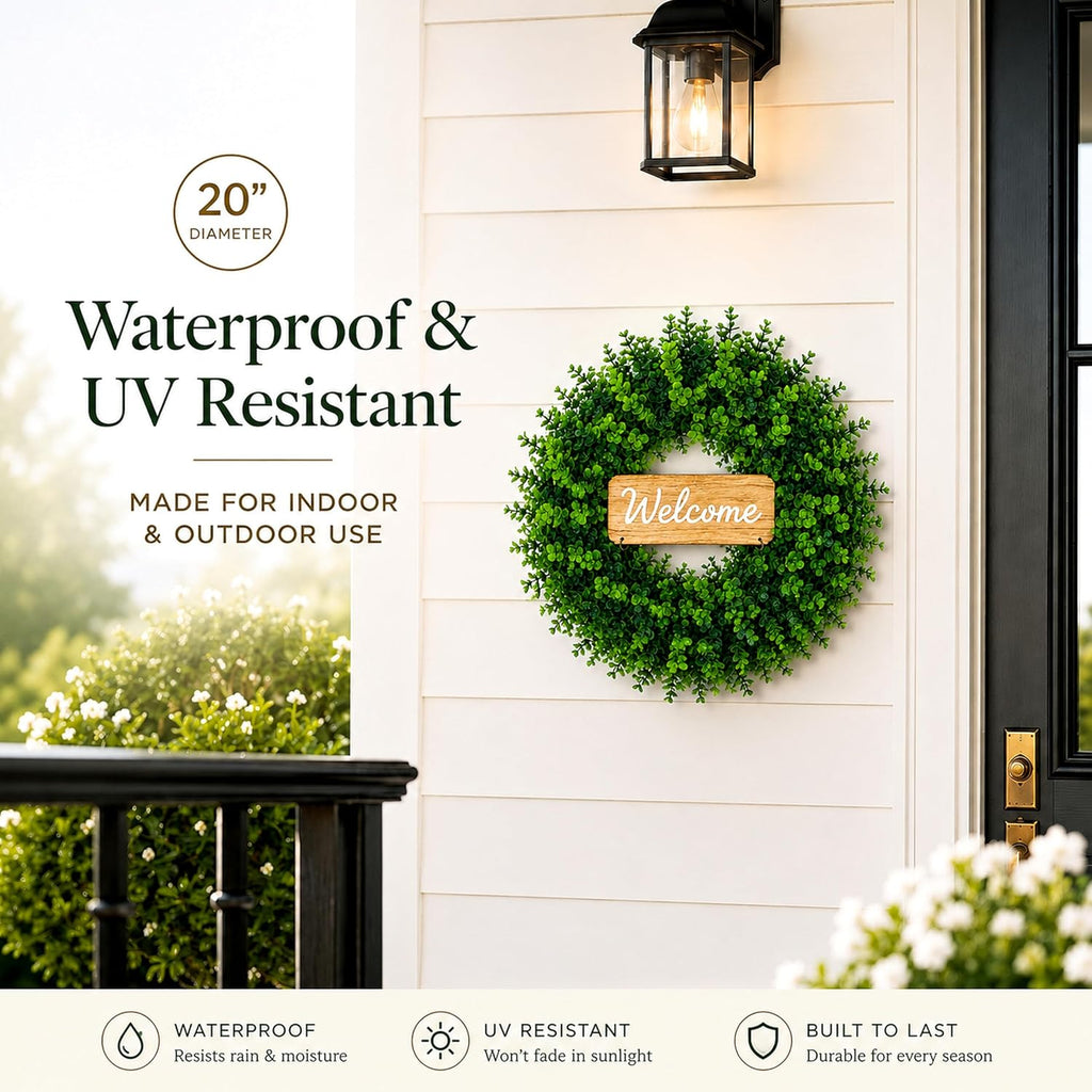 WHANLEY 20 Inch Boxwood Wreath for Front Door with Wooden Welcome Sign, Artificial Greenery Decor, UV Resistant