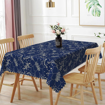 60x120 inch Jacquard Floral Tablecloth Navy Blue Flowers Line Art Pattern Rectangle Tablecloth Washa