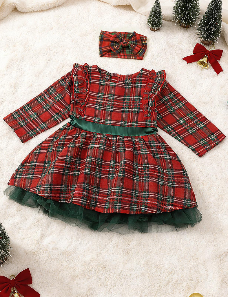 Baby Girl Christmas Outfit Plaid Christmas Dress Tulle Tutu Dress with Plaid Headband