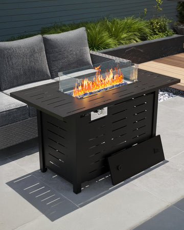 44" Outdoor Propane Fire Pit Table, 48, 000 Btu Lp Gas Rectangular Fire Table with Ignition Systems and Lid, Outdoor