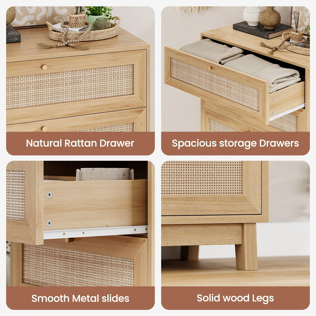 Rattan Dresser, 5 Drawer Dresser with Natural Rattan Drawers, Wooden Tall Cabinet with Gold Handles, Modern Closet
