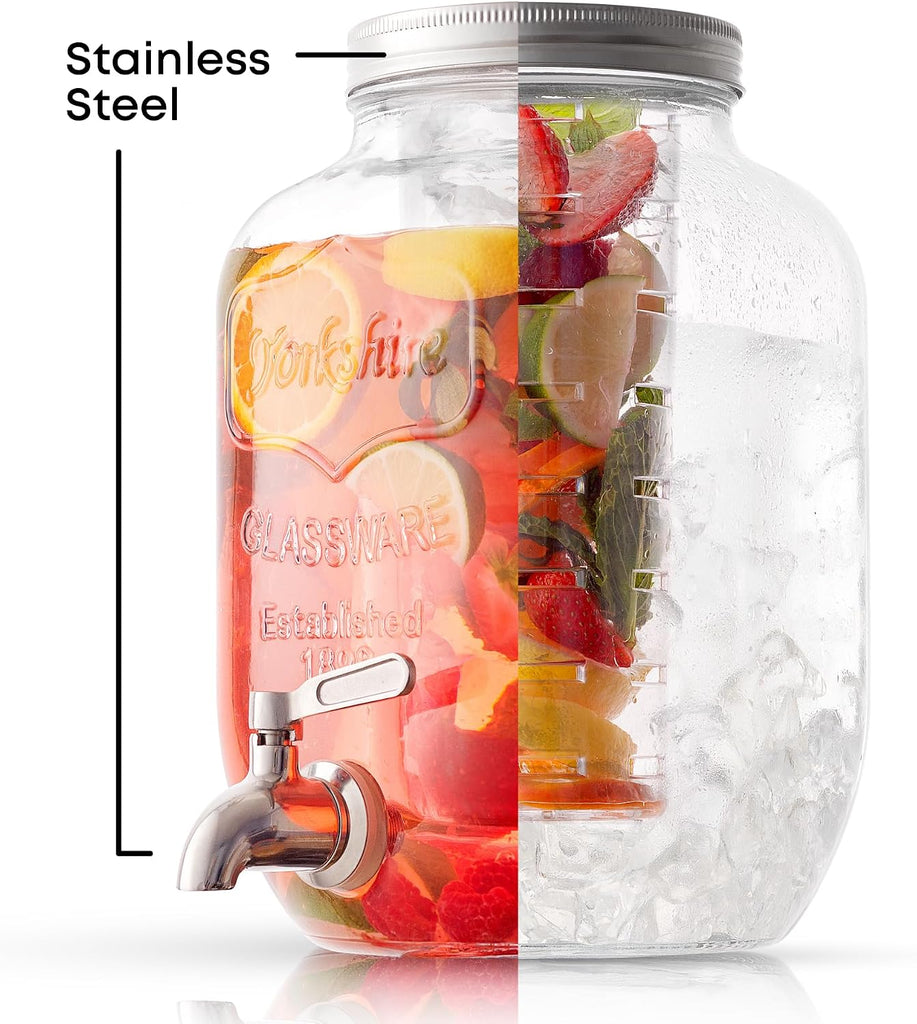1-Gallon Drink Dispenser. with Stainless steel Spigot plus Ice Cylinder and Fruit Infuser! Water Dispenser, Lemonade - Set of 3