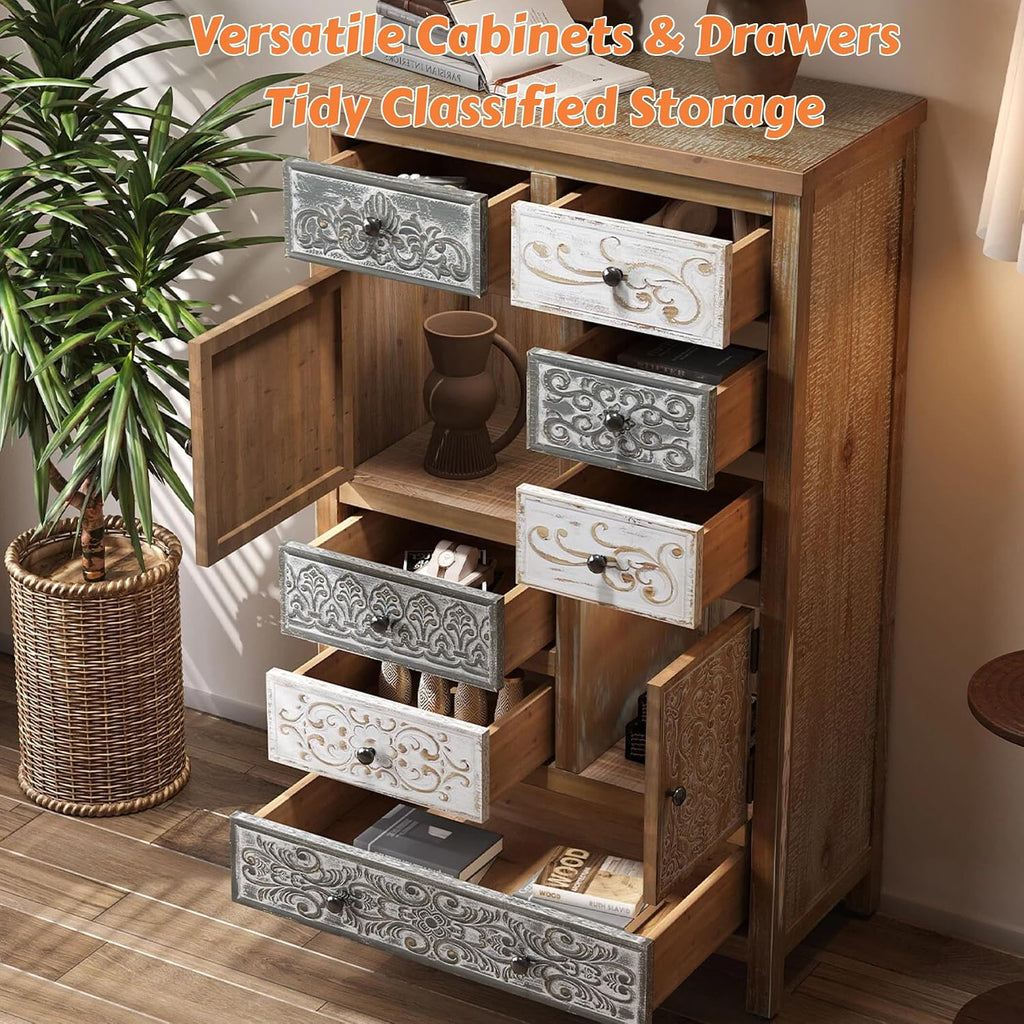 Solid Wood Tall Accent Chest with Drawers,Carved Storage Cabinet | Storage Drawers,Solid Wood Material,Hand-Carved