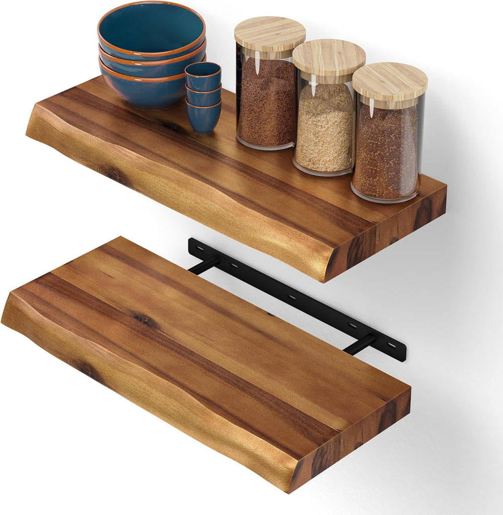 17" Acacia Live Edge Floating Shelves, Wooden Floating Shelves for Wall - Set of 2 Floating Book Shelves, Book Shelf
