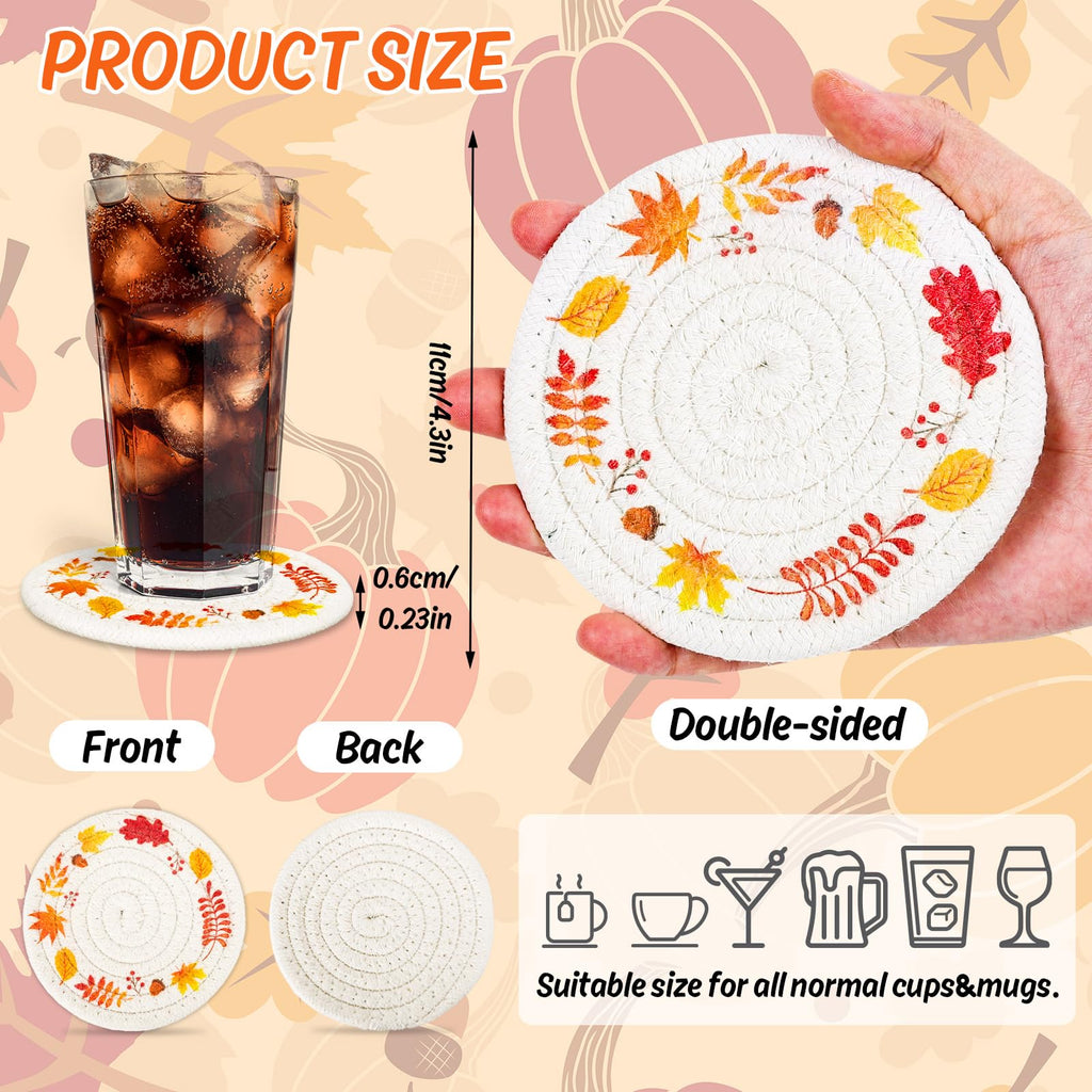 Fall Thanksgiving Coasters Maple Leaves Handmade Braided Cotton Drink Coasters Orange Yellow Non-Slip Absorbent Cup