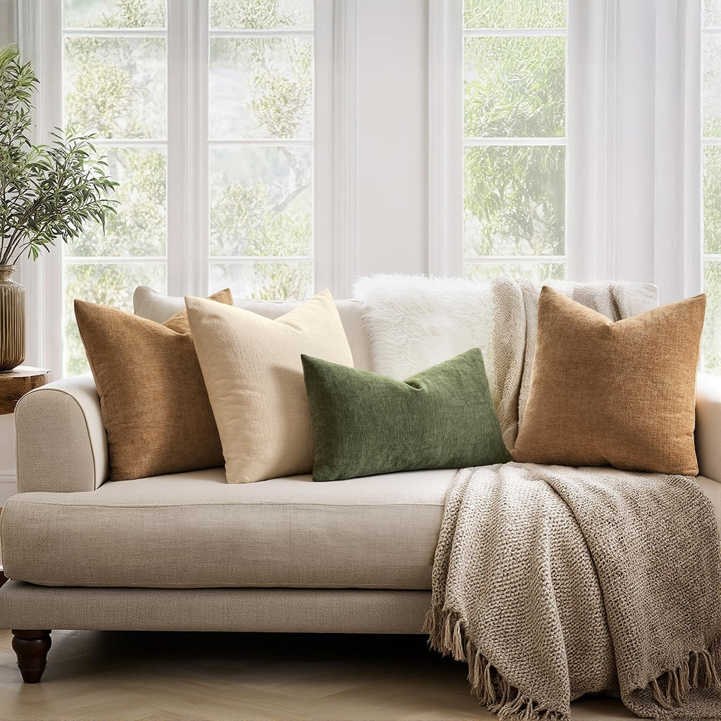 Olive Green Chenille Couch Lumbar Throw Pillow Covers, 12x20