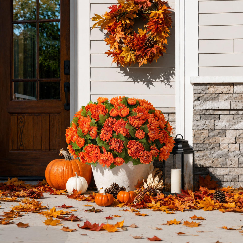 2 Bundles Artificial Fake Mums Flowers for Outdoor, 48 Heads Faux Purple Silk Chrysanthemum Bouquets with Long Stems