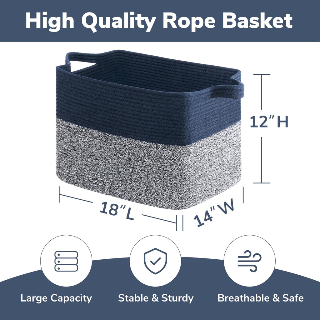 50L Large Woven Storage Basket, 18" x 14" x 12", Blue