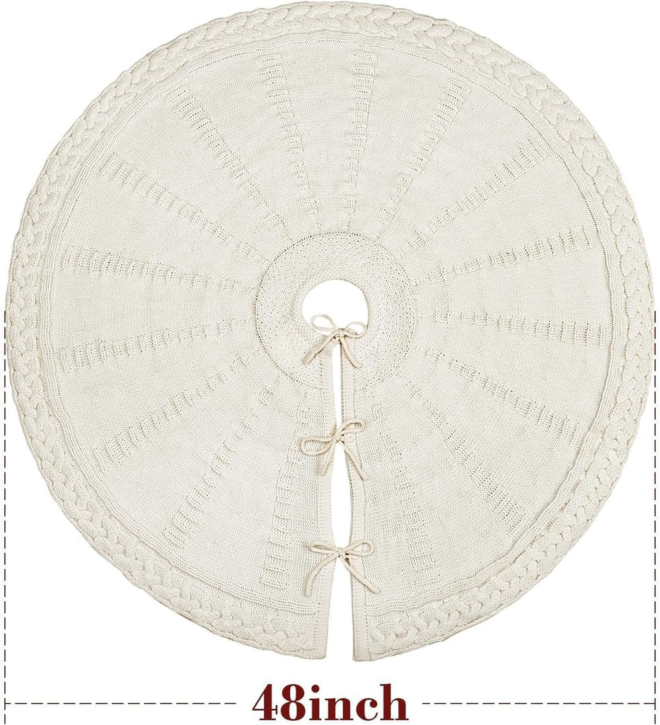 48 Inch Christmas Tree Skirt: Braided Cable Knit Tree Skirt for 7.5FT Tree, Cream White Tree Skirt, Vintage Tree