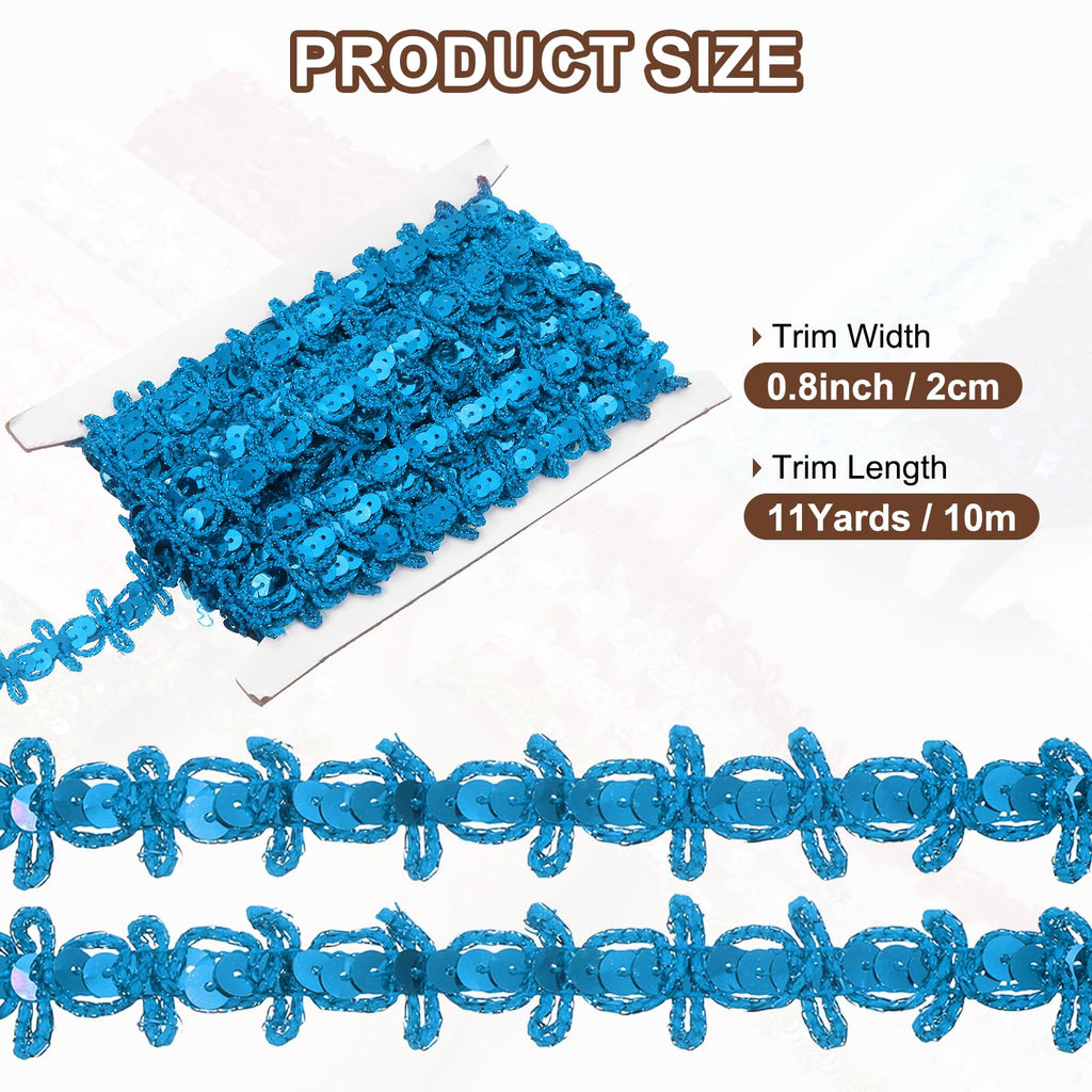 Braid Trim 0.8" Sequins Beaded Lace Trim, Lake Blue - 11 Yards